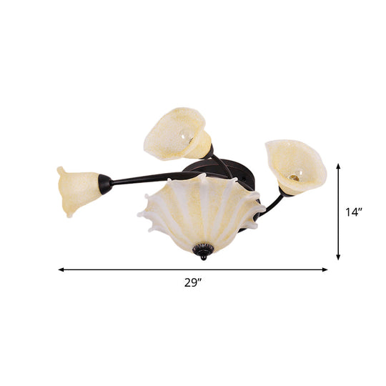 Countryside Whirled Frosted Glass Flush Mount Ceiling Lighting In Black - 3-Light Lamp