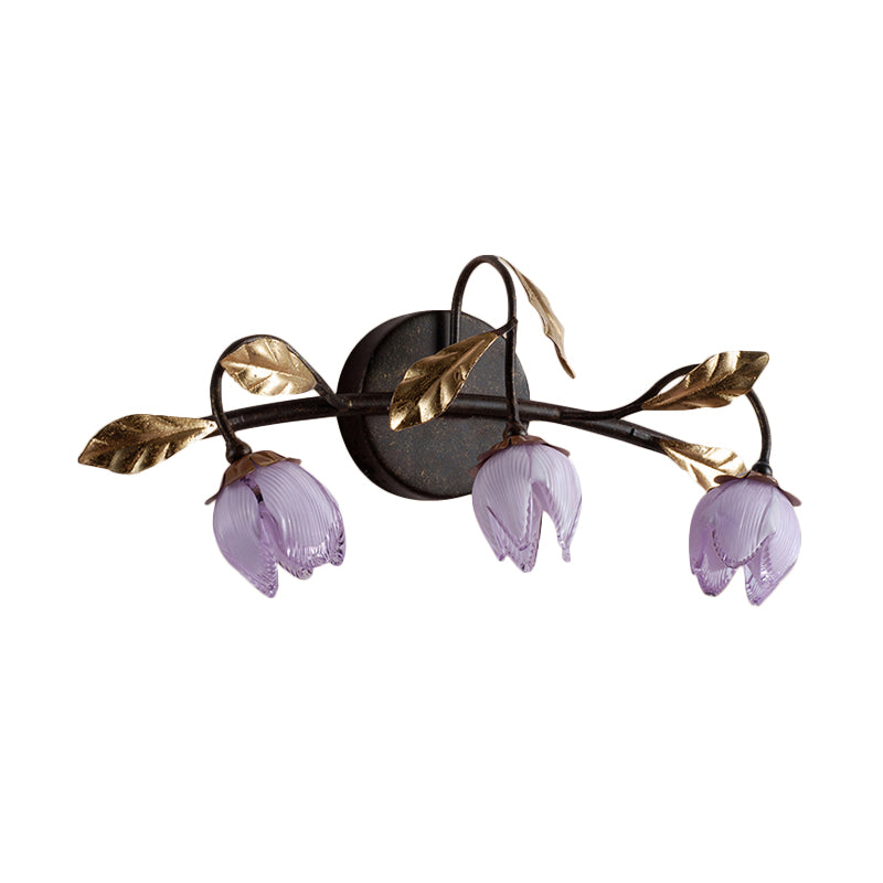 Glass Flowerbud Wall Sconce Light Fixture - Purple American Garden Design (3 Heads) For Bedroom