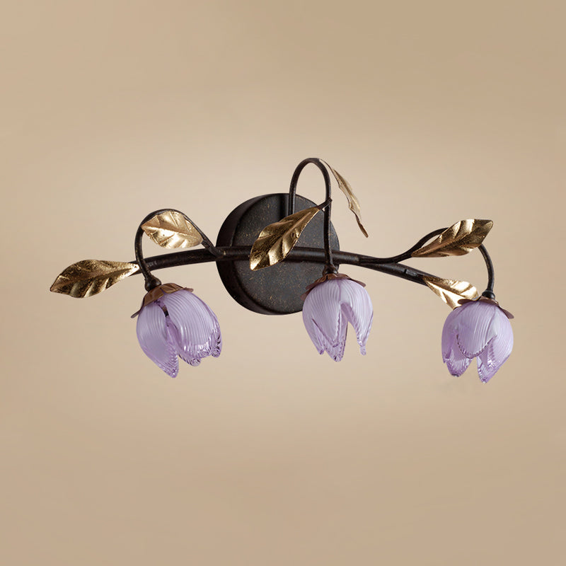 Glass Flowerbud Wall Sconce Light Fixture - Purple American Garden Design (3 Heads) For Bedroom