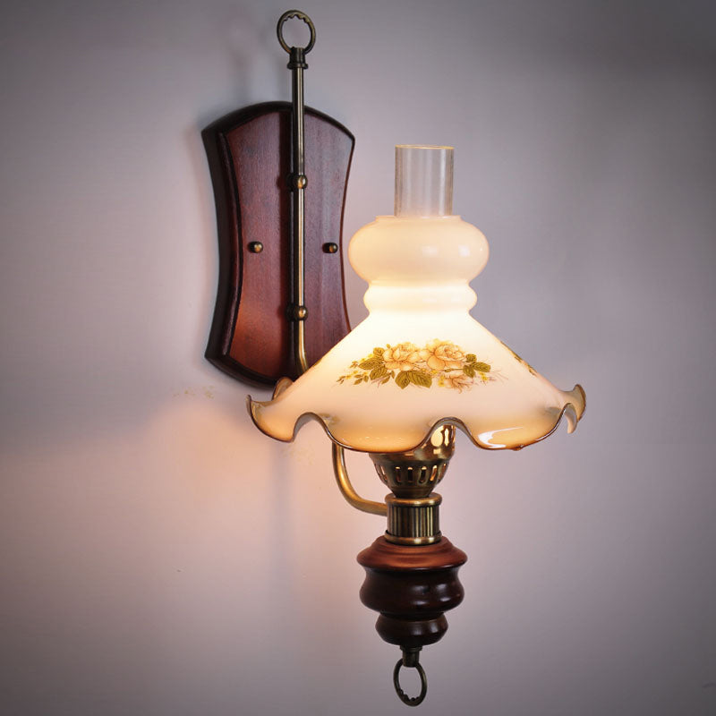 Rustic Red Brown Wall Sconce Light With Countryside White Glass And Kerosene Lamp Shade