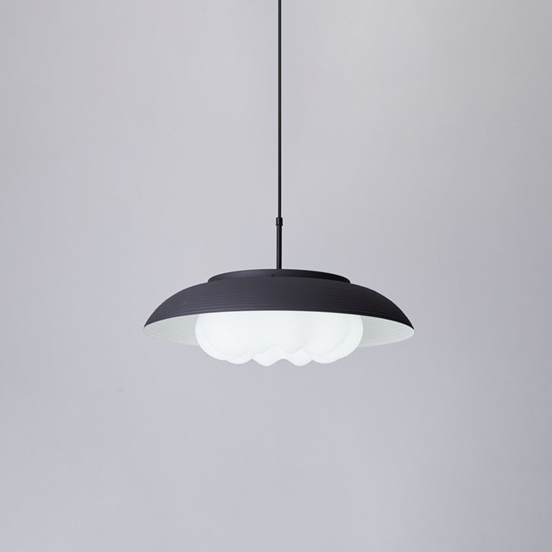 Macaron Wide Bowl Pendant Light - Black/Blue Iron Suspension Lamp With Inner Round Shade For Dining