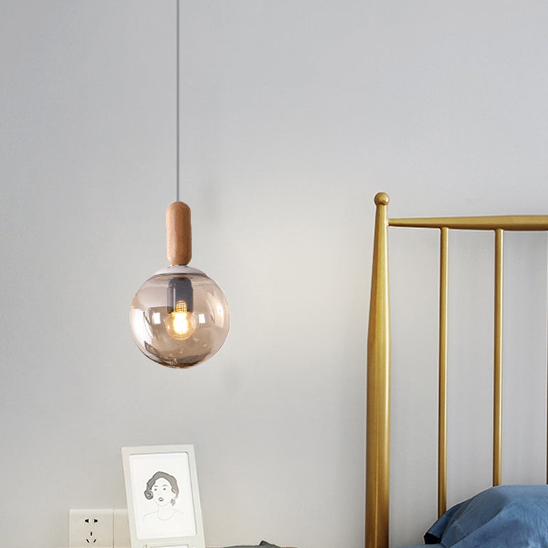 Sleek Sphere Kitchen Pendant Light: White/Cognac Glass Minimalist Design With Wood Grip