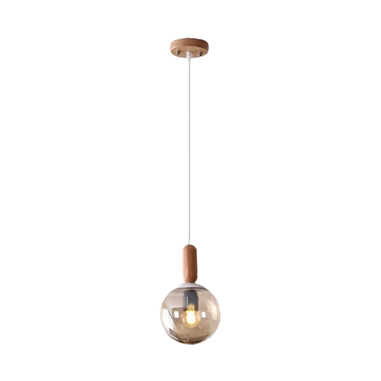 Sleek Sphere Kitchen Pendant Light: White/Cognac Glass Minimalist Design With Wood Grip