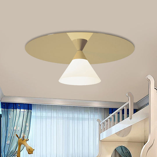 Post-Modern Brass Flush Mount Ceiling Light With White Glass Shade And Cone Design Gold