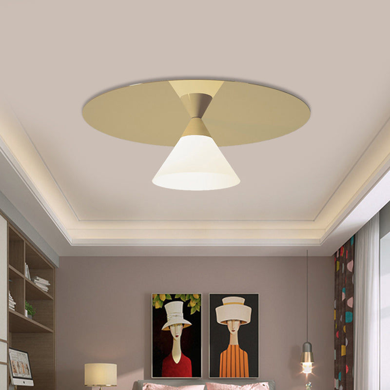 Post - Modern Brass Flush Mount Ceiling Light With White Glass Shade And Cone Design