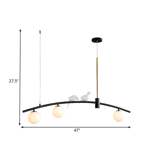 Modern Mini Milk Glass Island Lamp With Bird Decoration - 3-Head Suspension Pendant In Black-Brass