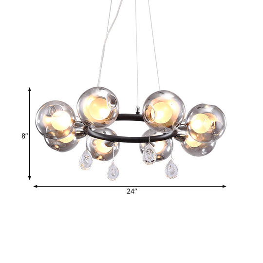 Modern Smoke Grey Glass Orb Pendant Chandelier With Droplet - 8 Lights Black
