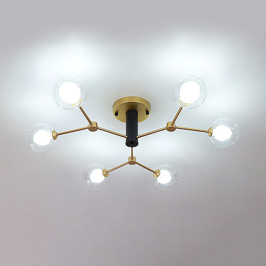 Postmodern Molecule Ceiling Light - Clear & White Glass 6 - Head Semi Flush Mount In Gold For