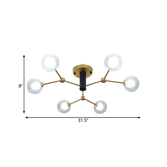 Postmodern Molecule Ceiling Light - Clear & White Glass 6 - Head Semi Flush Mount In Gold For
