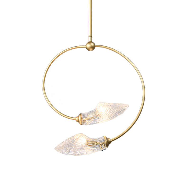 Minimalistic Clear Glass Swirly Flower Chandelier Pendant Light - Gold Finish 2 Bulbs