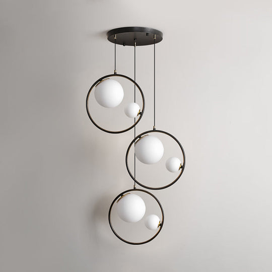 Black Orb Pendant Ceiling Light With Opal Glass Shade And Ring - Modernism 6-Light Multi