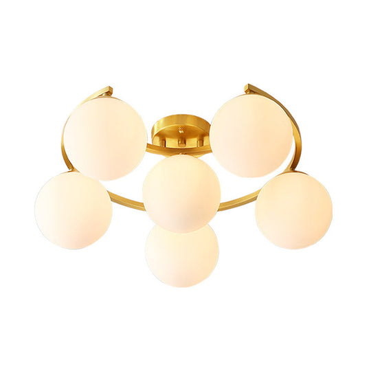 Modern Brass Milk Glass Flush Light With Crescent Canopy - 3/6 Head Close To Ceiling Lamp
