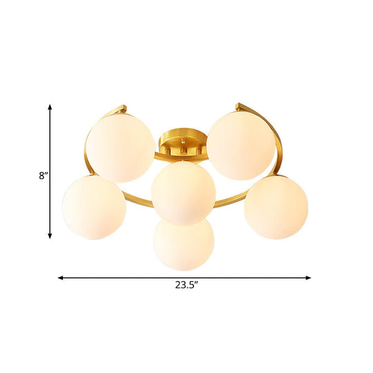 Modern Brass Milk Glass Flush Light With Crescent Canopy - 3/6 Head Close To Ceiling Lamp