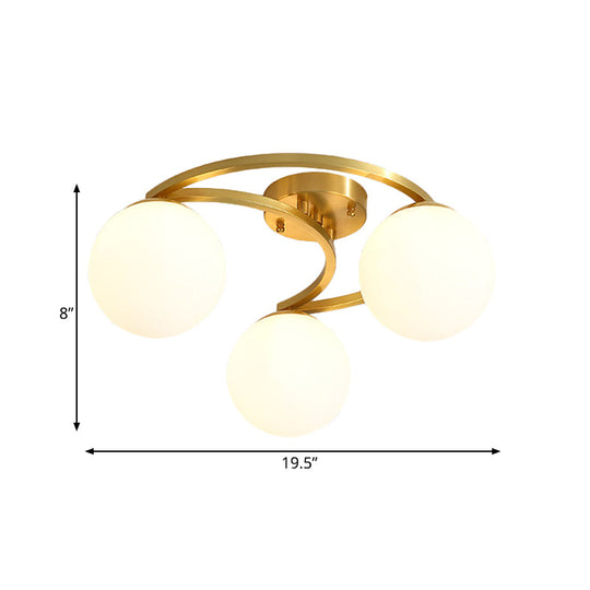 Modern Brass Milk Glass Flush Light With Crescent Canopy - 3/6 Head Close To Ceiling Lamp