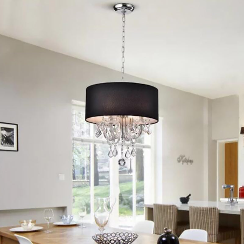 Modern Black Fabric Drum Chandelier With Crystal Ball Accent - Ceiling Light