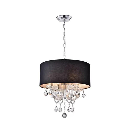 Modern Black Fabric Drum Chandelier With Crystal Ball Accent - Ceiling Light