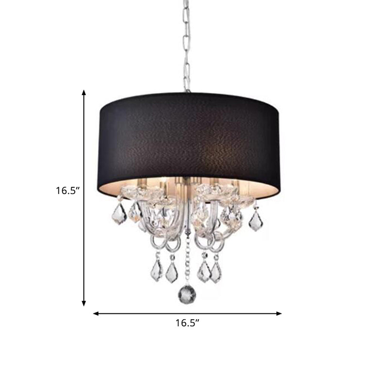 Modern Black Fabric Drum Chandelier With Crystal Ball Accent - Ceiling Light
