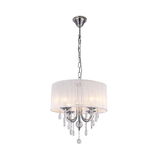Simple Style Living Room Chandelier With Drum Fabric Shade 4-Light Chrome Pendant Light Kit And