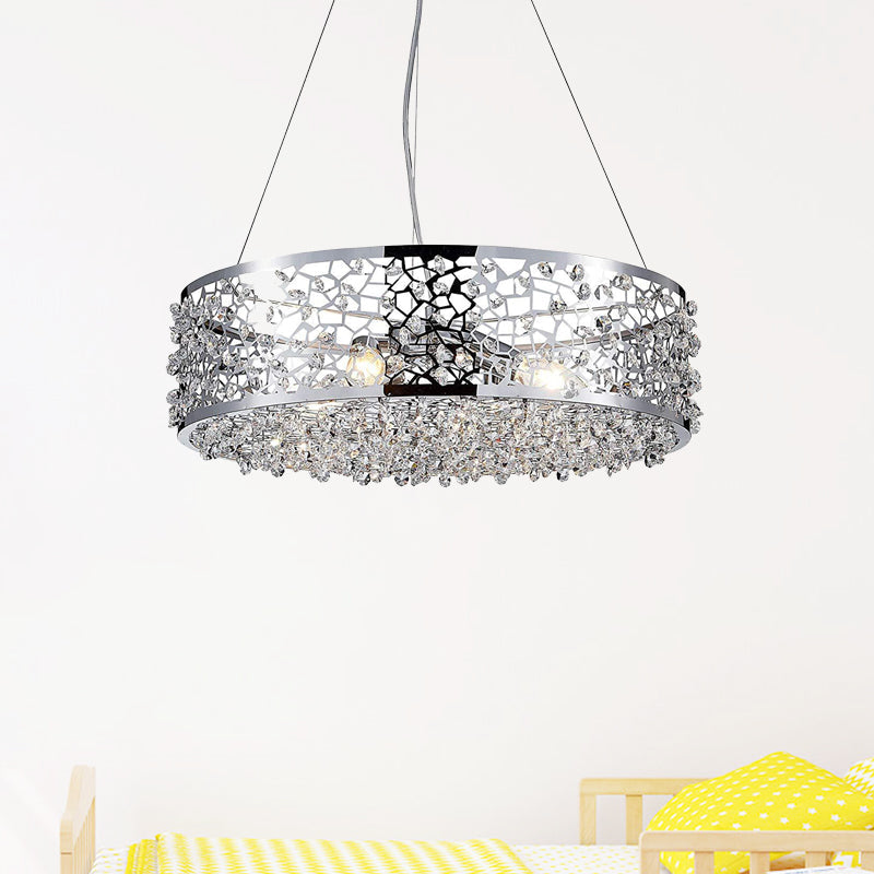 Modern Crystal Encrusted Pendant Chandelier With Drum Shade - 4 Lights Chrome Finish