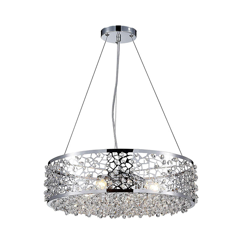 Modern Crystal Encrusted Pendant Chandelier With Drum Shade - 4 Lights Chrome Finish