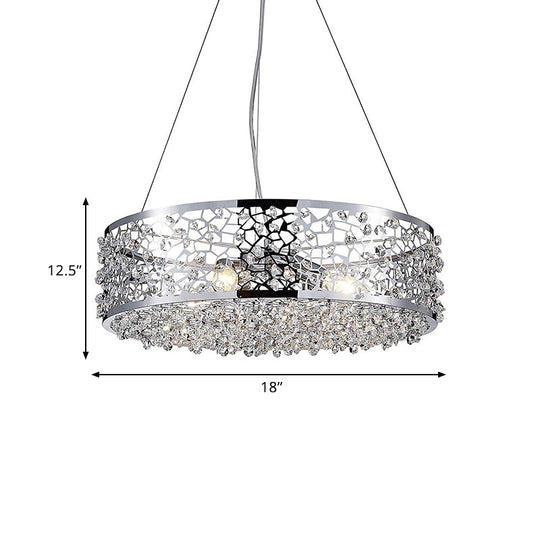 Modern Crystal Encrusted Pendant Chandelier With Drum Shade - 4 Lights Chrome Finish