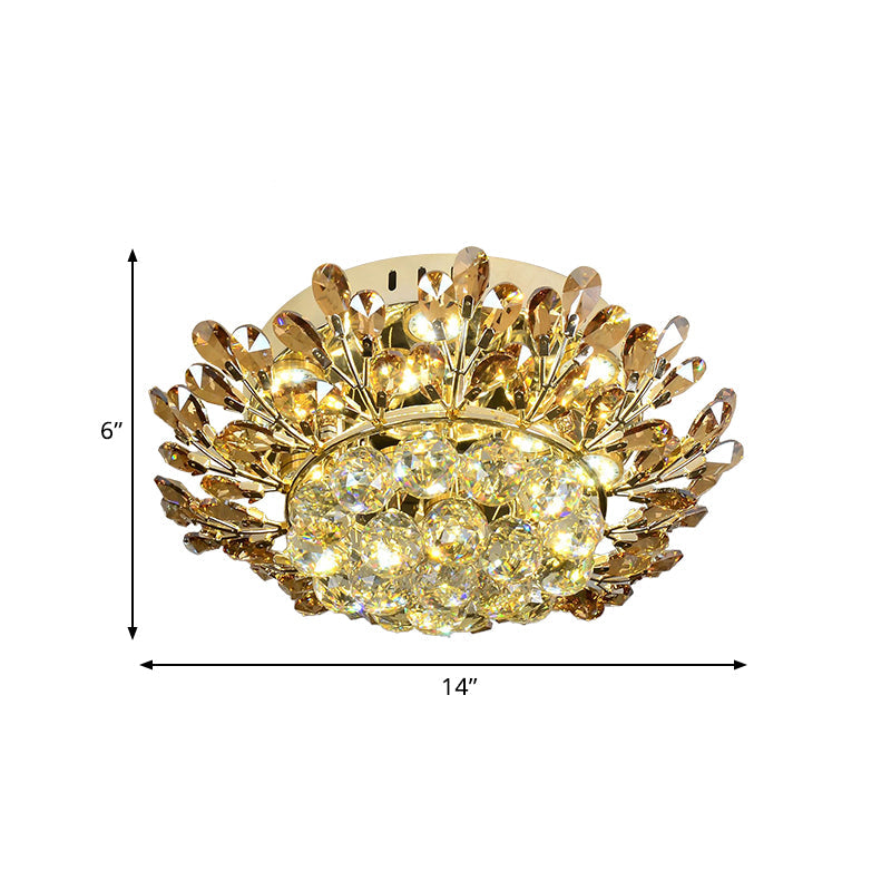 Contemporary Gold Ceiling Lamp With Led Branch Design - Cognac And Clear Crystal Flush Mount For