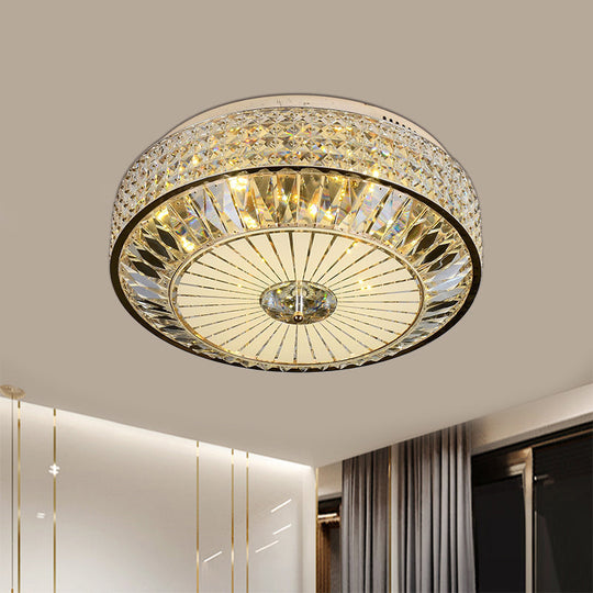 12’/16’ Wide Led Crystal Flush Light Fixture In Gold For Modern Bedroom Ceiling Mount