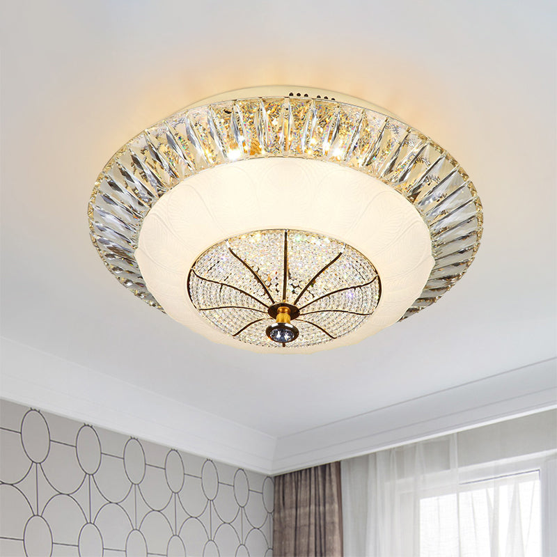 Contemporary Crystal Ceiling Light With White Bowl Shade - Led Flush Mount For Bedroom (16/19.5