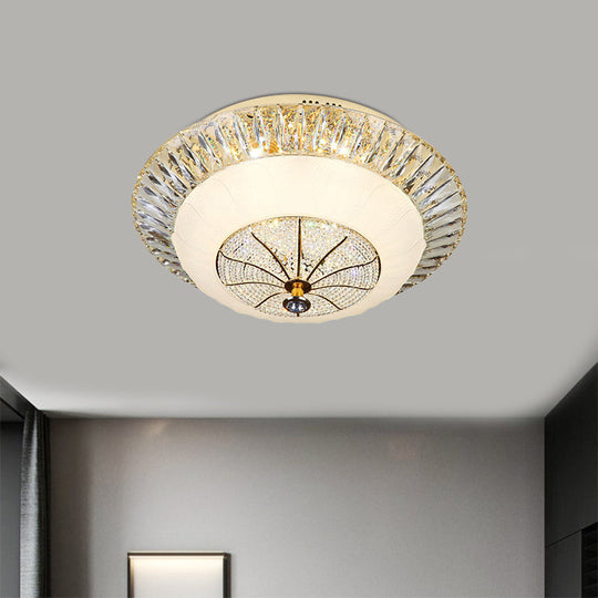 Contemporary Crystal Ceiling Light With White Bowl Shade - Led Flush Mount For Bedroom