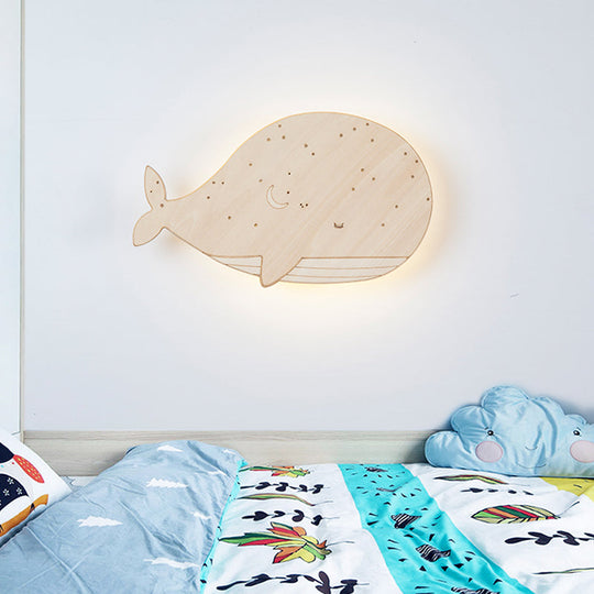 Sleeping Whale Led Flush Mount Light Fixture For Kindergarten Beige Wood Cartoon Design (Left/Right)