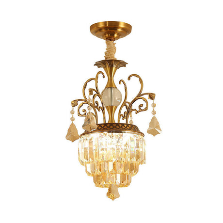 Vintage 4-Head Crystal Chandelier With Brass Swirl Arm - Corridor Pendant Lighting