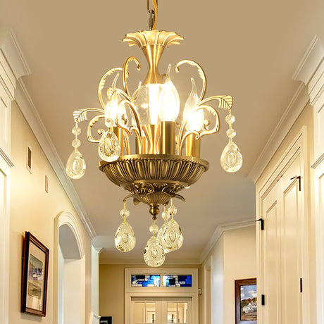 Vintage 4-Head Crystal Chandelier With Brass Swirl Arm - Corridor Pendant Lighting / B