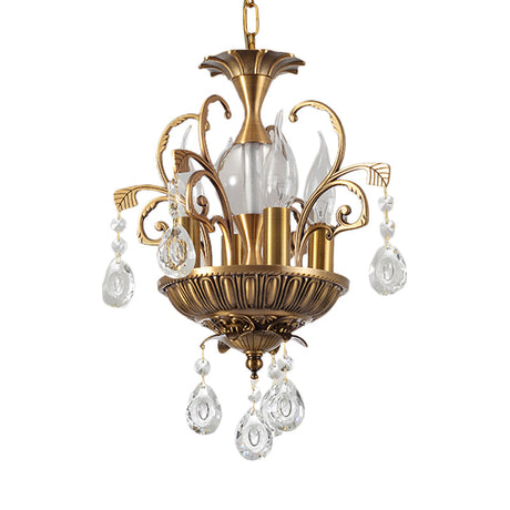 Vintage 4-Head Crystal Chandelier With Brass Swirl Arm - Corridor Pendant Lighting