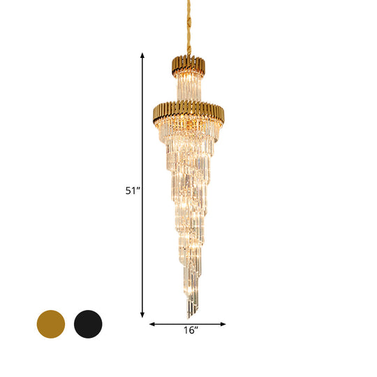 Contemporary Crystal Prism Chandelier - 14-Light Spiral Pendant Lamp For Banquet Halls Black/Brass