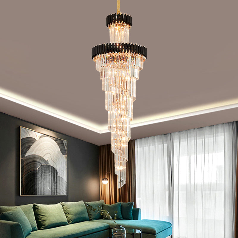 Contemporary Crystal Prism Chandelier - 14-Light Spiral Pendant Lamp For Banquet Halls Black/Brass