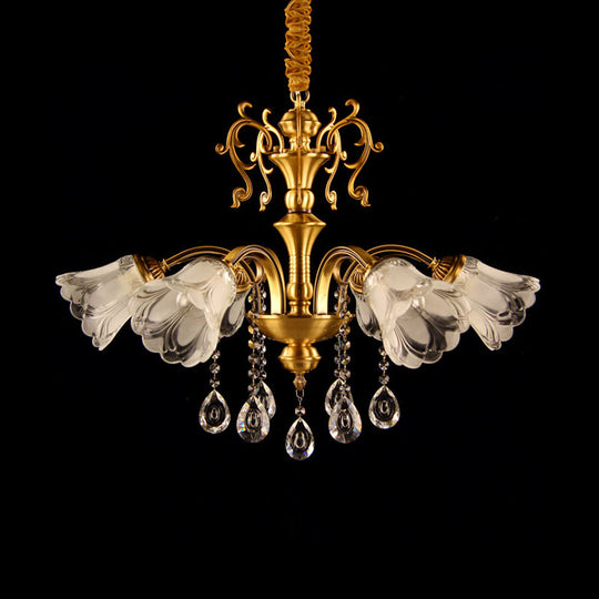 Retro Clear Glass Flower Pendant Chandelier - 6 Light Brass Hanging Lamp With Crystal Drape For