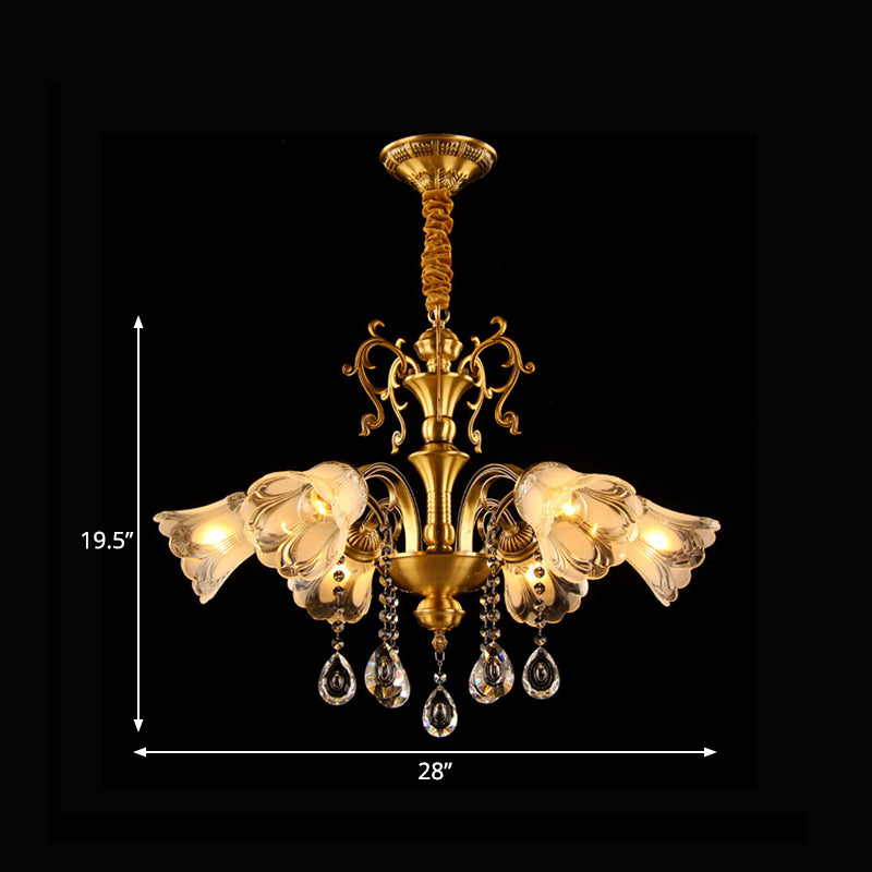 Retro Clear Glass Flower Pendant Chandelier - 6 Light Brass Hanging Lamp With Crystal Drape For