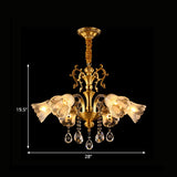 Retro Brass Flower Pendant Chandelier: Clear Glass 6 Lights Crystal Drape - Ideal For Living Rooms