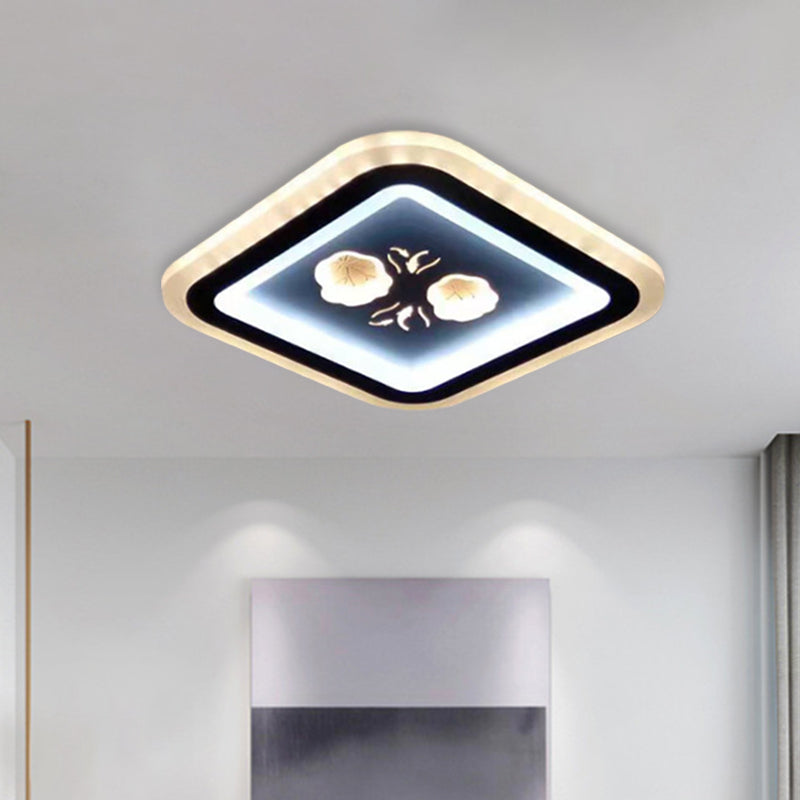 Modern Led Flush Mount Fixture: Black Square/Round Acrylic Lamp With Flower Pattern - Ideal For