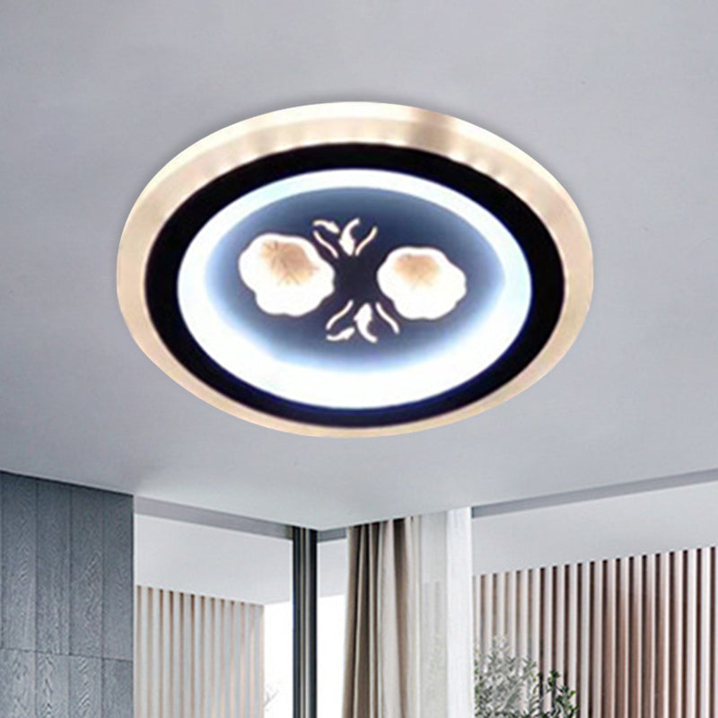 Modern Led Flush Mount Fixture: Black Square/Round Acrylic Lamp With Flower Pattern - Ideal For