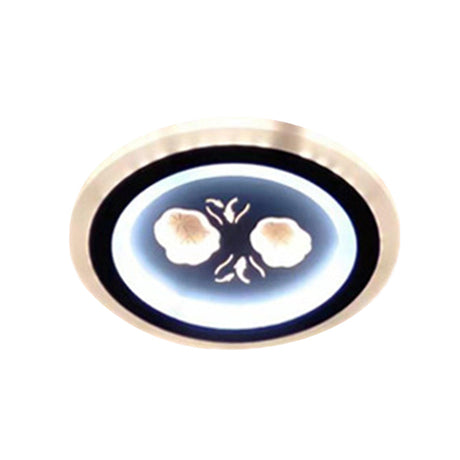 Modern Led Flush Mount Fixture: Black Square/Round Acrylic Lamp With Flower Pattern - Ideal For