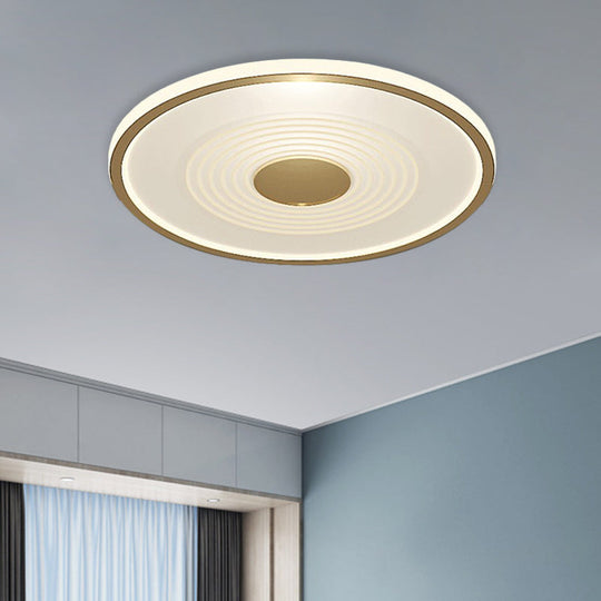 Minimalistic Led Flush Mount Lamp For Bedroom With White-Gold Finish And Acrylic Disc Shade - Warm
