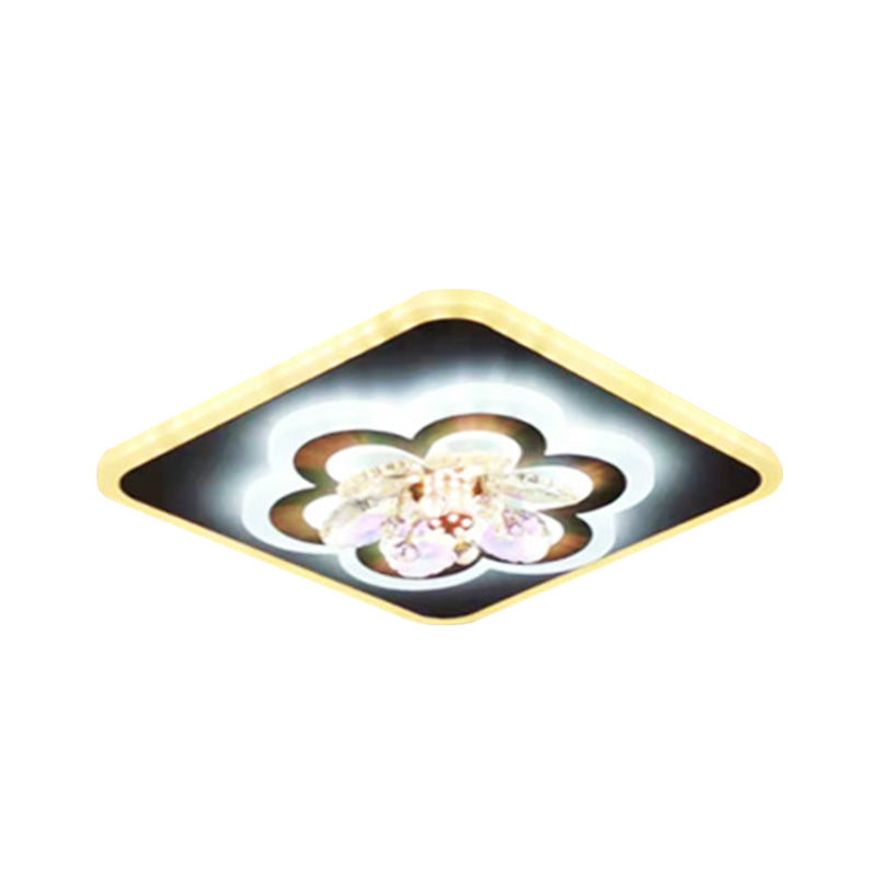 Modern White Led Flush Light With Crystal Accent - Contemporary Floral Design
