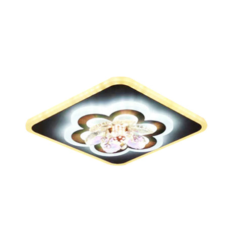 Modern White Led Flush Light With Crystal Accent - Contemporary Floral Design