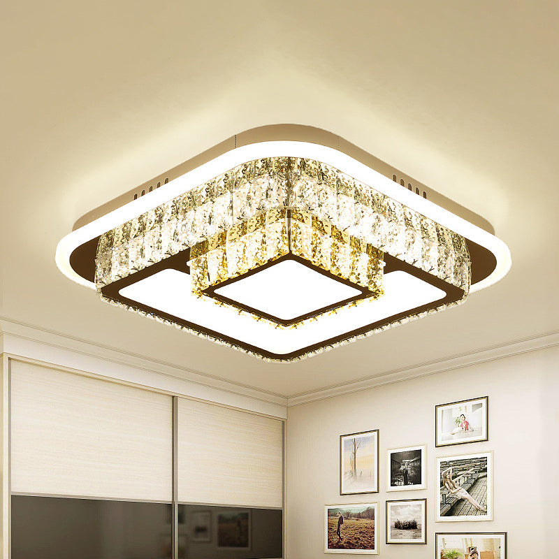 Crystal-Encrusted Led Flushmount Ceiling Light For Bedroom - Modernist White Square And