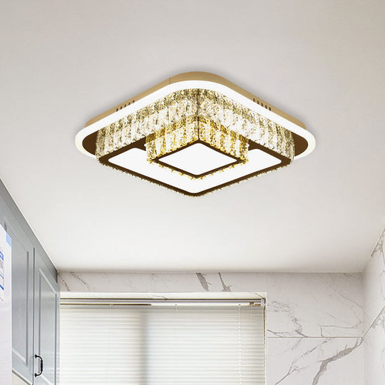 Crystal - Encrusted Led Flushmount Ceiling Light For Bedroom - Modernist White Square And