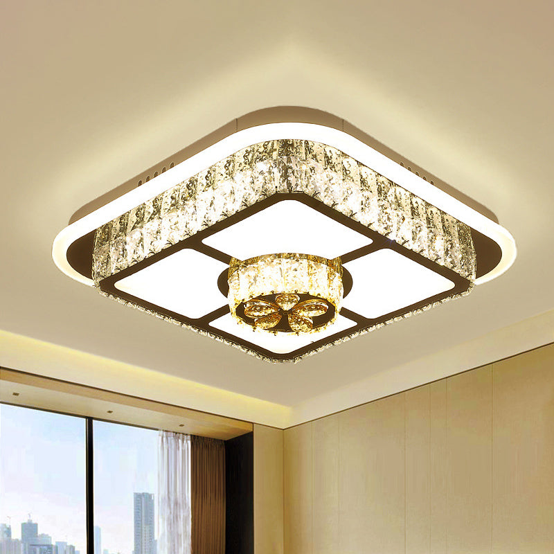 Crystal - Encrusted Led Flushmount Ceiling Light For Bedroom - Modernist White Square And