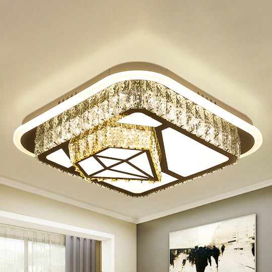 Crystal - Encrusted Led Flushmount Ceiling Light For Bedroom - Modernist White Square And