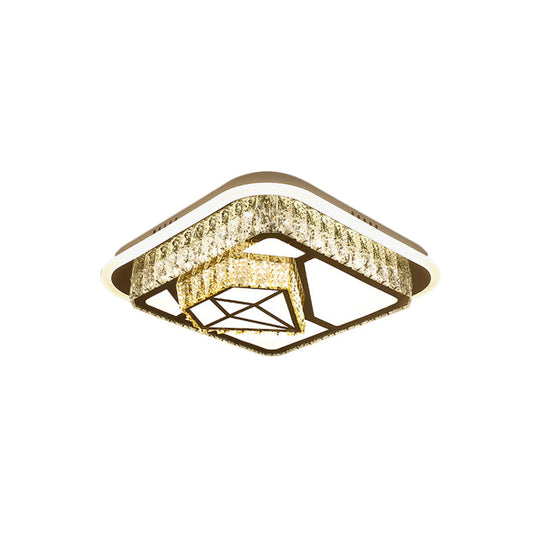 Crystal - Encrusted Led Flushmount Ceiling Light For Bedroom - Modernist White Square And