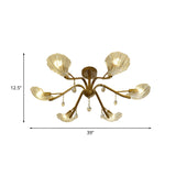 Gold Scalloped Shell Semi Flush Mount Crystal Chandelier - Countryside Parlor Ceiling Light